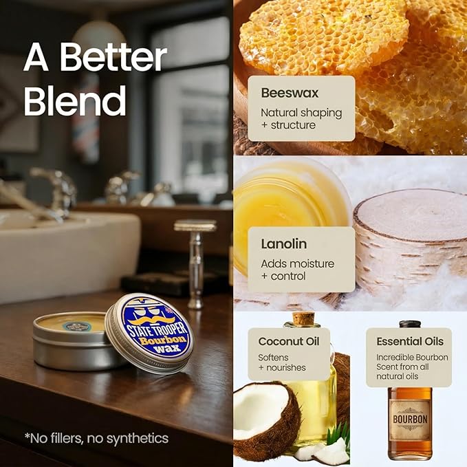 State Trooper Medium Hold Mustache Wax For Men with Natural Beeswax, Coconut Oil & Lanolin – Natural Moustache Grooming & Styling with Bourbon Scent - Nourishing Conditioner & Sculpting