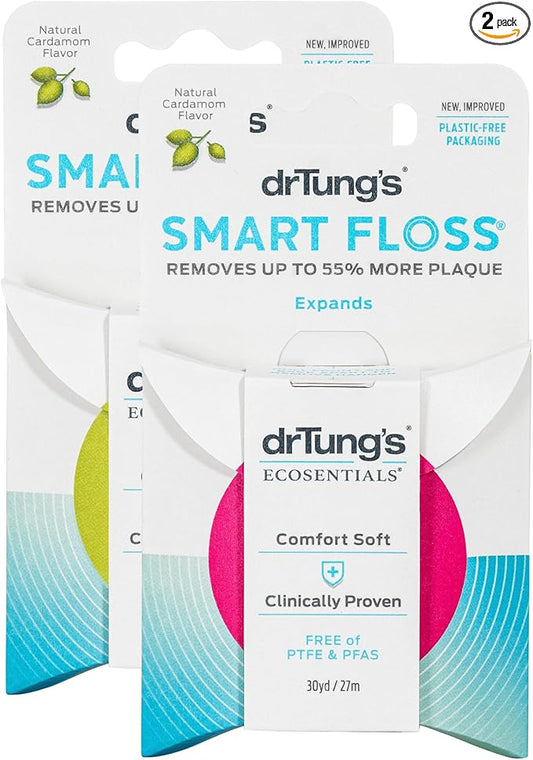 DrTung's Smart Floss - Natural, PTFE & PFAS Free Floss, Gentle on Gums, Expands & Stretches, BPA Free Floss - Natural Dental Floss Cardamom Flavor (Pack of 2)