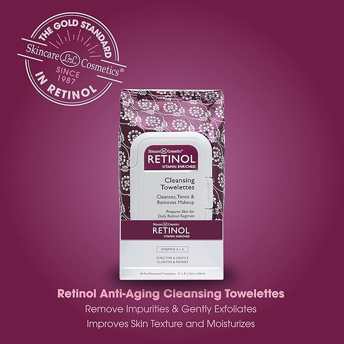 Retinol Anti-Aging Cleansing Towelettes – All-in-One Cleanser, Toner & Makeup Remover in a Convenient Pre-Moistened Wipe – On-The-Go Exfoliating, Toning & Hydrating Leaves Skin Clean, Fresh & Refined