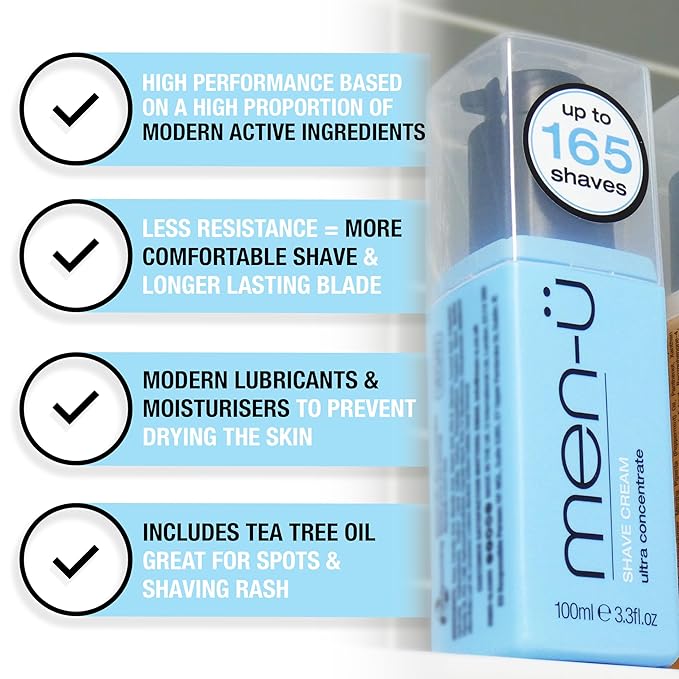men-ü High-Performance Shaving Cream w/UP TO 165 SHAVES, mens shaving cream with Long Lasting/Ultra-Concentrate Formula with Tea Tree oil/Lubricants & Moisturisers, shaving cream mens 3.3 fl oz.…