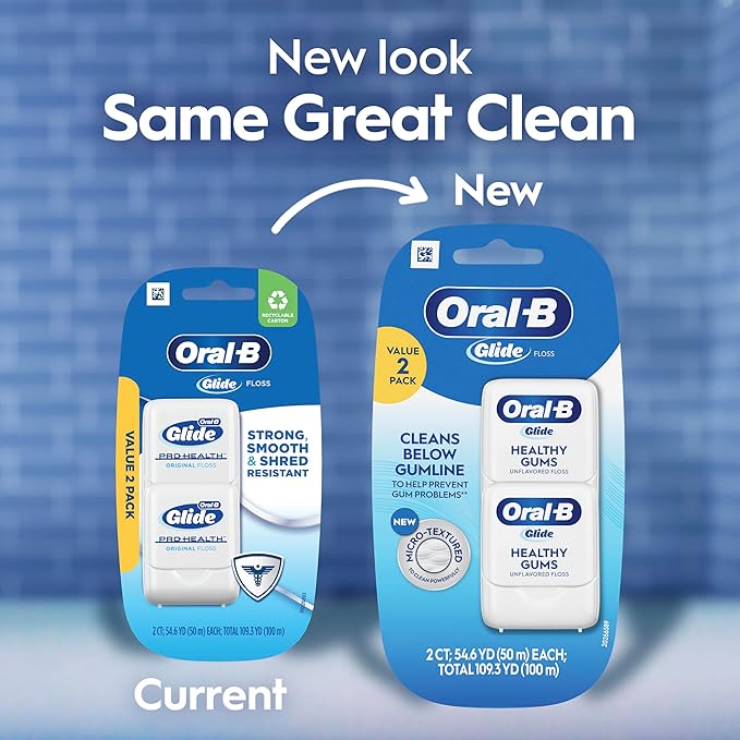 Oral-B Glide Healthy Gums Unflavored Dental Floss, Smooth, Strong, Shred Resistant, Value 2 Pack (50m Each)