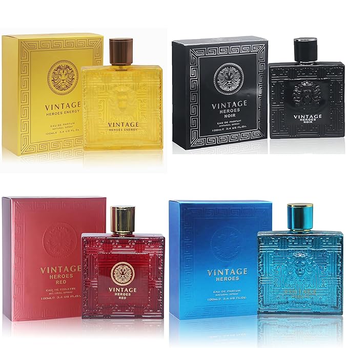 Men's Cologne Gift Set 4 Pack Vintage Heroes Series - 3.4 Fl Oz Each | Vanilla Bourbon, Leather & Amber Floral Fragrance | Luxury Eau de Parfume for Men All Day Use
