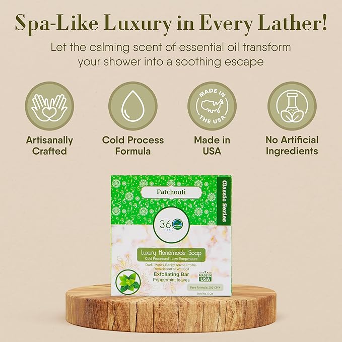 360Feel Patchouli Soap - Made in the USA - Castile Handmade, All Natural, Cold Processed - Infused with Patchouli for Relaxation and Gentle Cleanse - Rich Moisturizing Lather - 5 oz