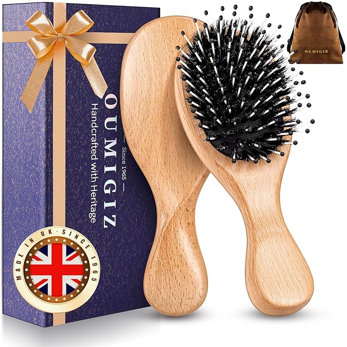 Mini Boar Bristle Hair Brush Since 1965 British Craftsmanship, Handmade Natural Wooden Small Hairbrush, Soft Bristles Gentle Detangling Smoothing Women Men Kids Long Curly Thick,Thin, Fine Hair