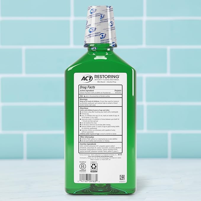ACT Restoring Anticavity Fluoride Mouthwash with Zero Alcohol, Repairs Enamel & Strengthens Teeth, Mint Burst, 33.8 fl. oz., 2 pk