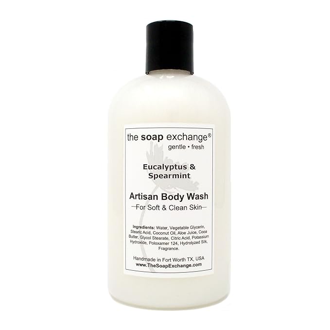 The Soap Exchange Body Wash - Eucalyptus & Spearmint Scent - Hand Crafted 12 fl oz / 354 ml Natural Artisan Liquid Soap for Hand, Face & Body, Shower Gel, Cleanse, Moisturize, Protect. Made in USA.