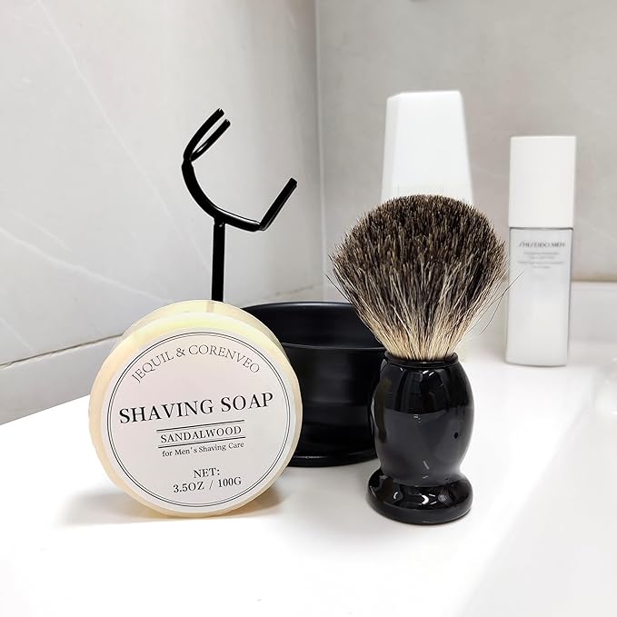 JEQUIL&CORENVEO Shaving Brush Set for Men, Pure Badger Hair Shaving Brush with Soap, Stand and Bowl