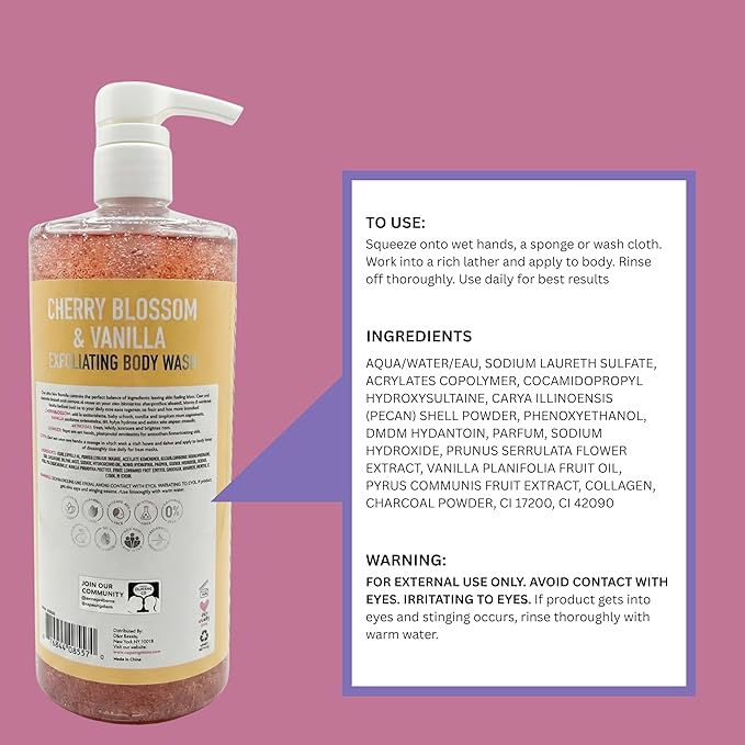 SpaScriptions Cherry Blossom & Vanilla Exfoliating Body Wash - 32 fl oz Scented, Hydrating Body Wash Scrub for Women, Natural Daily Cleanser for Smooth, Radiant, Healthy-Looking Skin, Paraben Free
