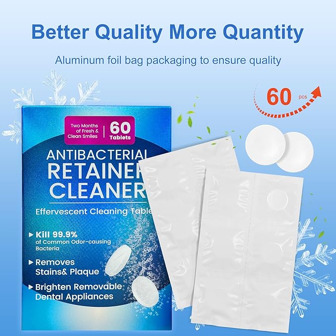 Retainer Cleanser Tablets 23mm.Ultrasonic Retainer Cleaner Tablets for Dentures and Invisalign - Effective Dental Cleaning for Teeth and Retainers-60pack
