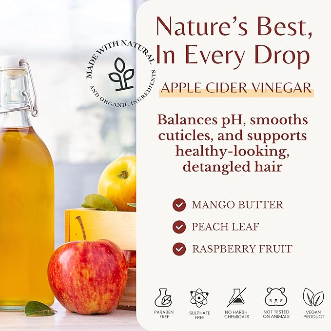 Apple Cider Vinegar Conditioner Infused with Peach & Raspberry Oil, Hair Detangler & Hydration, ACV Hair/Scalp pH Balancing, For Locs & Curly, All Hair Types, Sulfate-Free, 16 fl oz