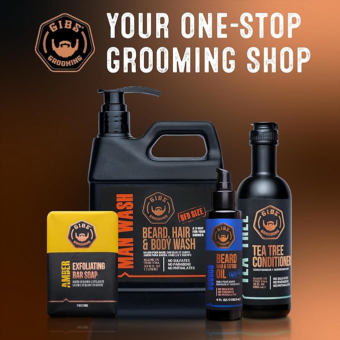 GIBS Grooming - Amber Man Wash (33.8 fl oz) 3-in-1 Beard, Hair, Body Soap - Citrus, Oak, Basil Scent - Sulfate Free - Tea Tree Oil, Hemp Oil, Protein - Mens Body Wash & Mens Shampoo - Made in USA