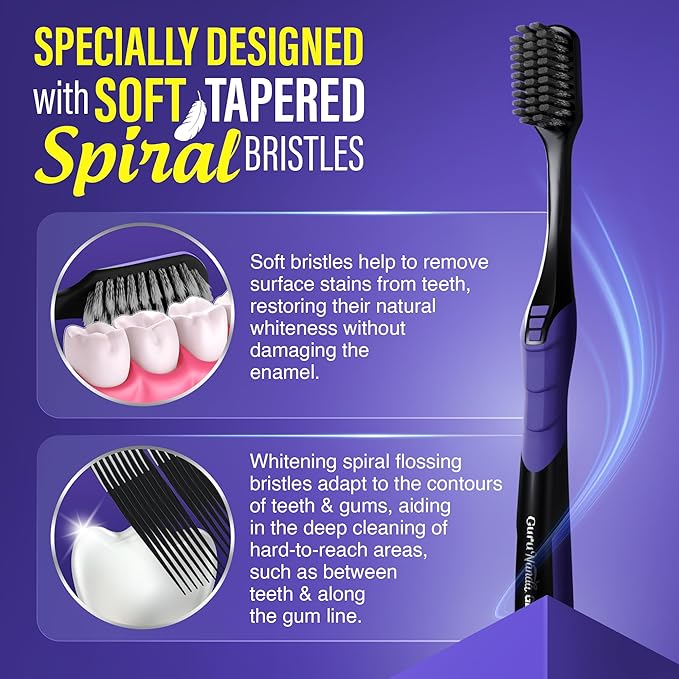 GuruNanda Gentle Giant Charcoal Toothbrush - Dual Action Flossing Spiral Bristles, Non-Slip Ergo Dexa Grip Handle, Helps in Teeth Whitening, BPA Free, 2ct