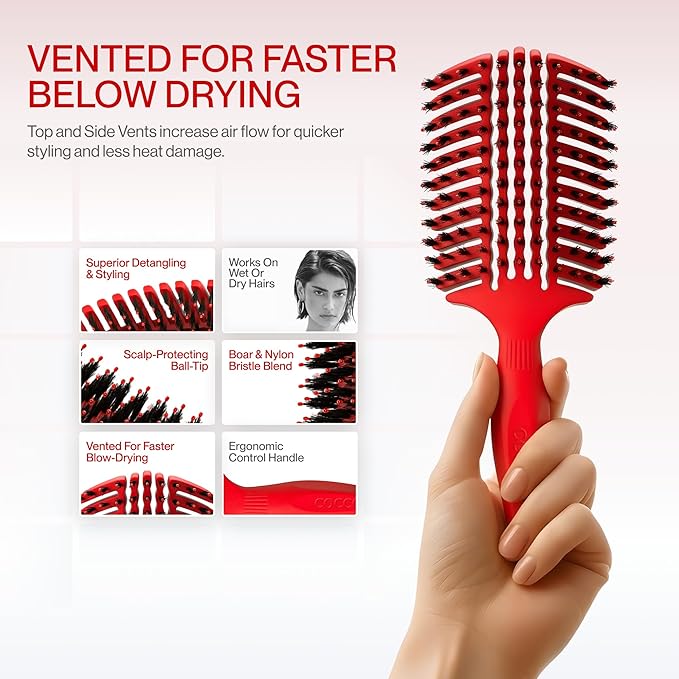 COCCO Aura Vent Boar Brush | Vented Dual-Curved Design for Faster Drying, Effortless Detangling & Shine, Boar + Nylon Bristles, Ergonomic Comfort Handle for Wet & Dry Hair Styling - Red