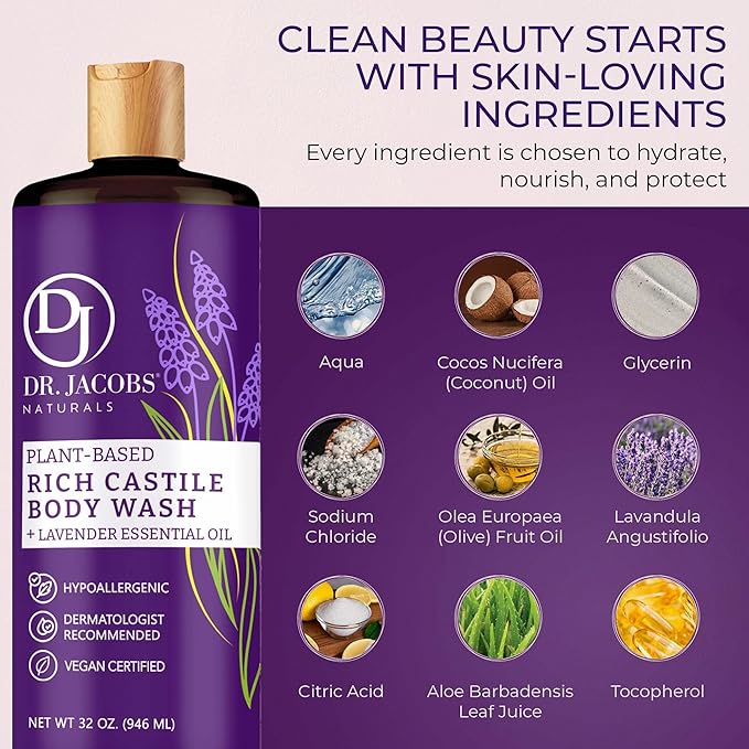 Dr. Jacobs Naturals Pure Castile Soap Liquid Body Wash, Lavender - Plant Based Soap Infused with Vitamin E and Aloe Vera to Moisturize Dry and Sensitive Skin - Made in The USA - 32 oz, Pack of 2