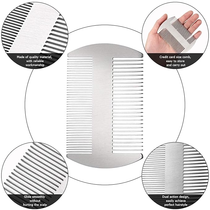 Boao 2 Pcs Metal Hair Combs for Women Men Stainless Steel Beard Mustache Comb Credit Card Size Lice Wallet Pocket Fine Cutting Teasing Barber Hair Styling Dandruff Remove Dreadlock(Silver)