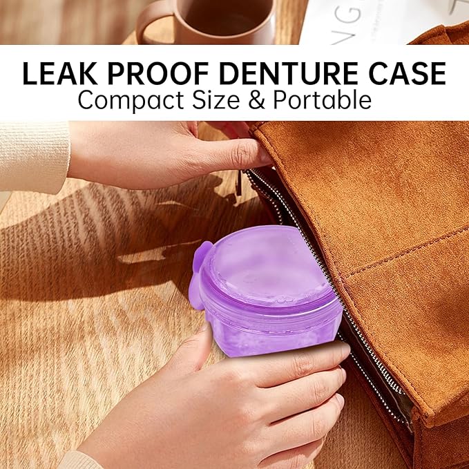 Leakproof Denture Case Purple Denture Soaking Cup with Strainer Basket, False Teeth Container Dental Denture Bath Holder Storage Box Retainer Cleaner Case for Traveling