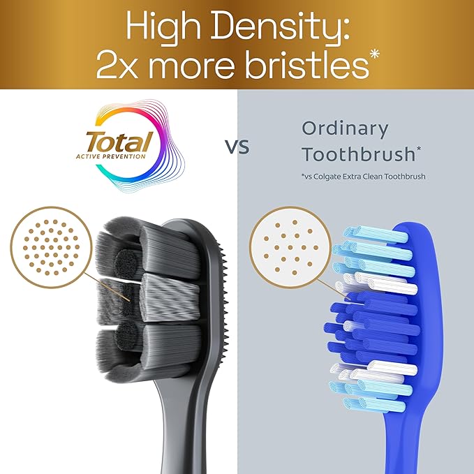 Colgate Total Active Prevention Soft Bristle Whitening Toothbrushes, Soft Toothbrush with Charcoal Infused Bristles, Helps Whiten and Reaches Deeper Along The Gumline and Between Teeth, Black, 2 Pack