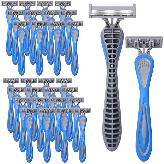30 Pcs Mens Disposable Razors Bulk 3 Blade Sensitive Skin Shaving Razor Long Blade for Hotel Spa Travel
