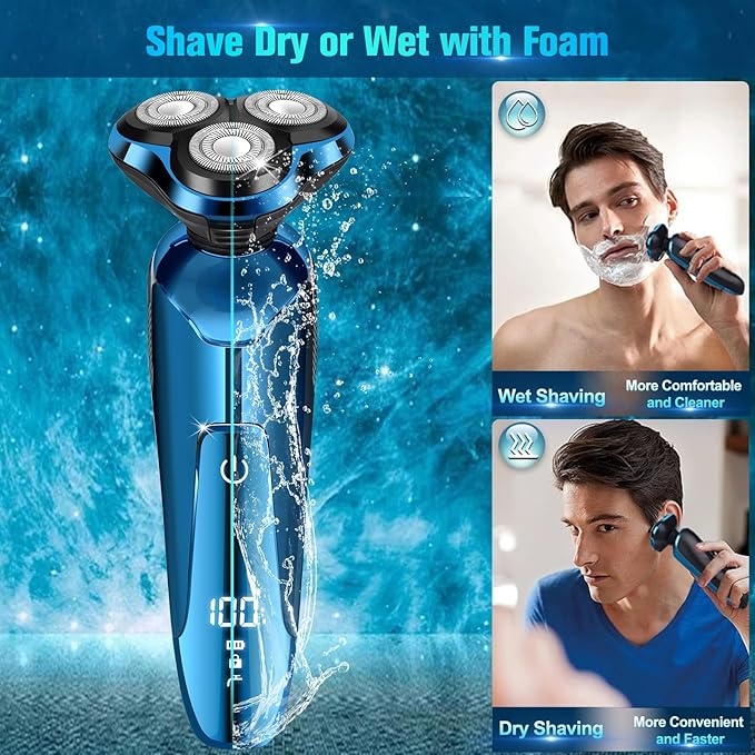 Electric Shavers for Men, Electric Razor for Men Cordless Rechargeable 3D Rotary Bald Head Shaver, Wet/Dry Mens Shaver, Waterproof Mens Razor for Shaving, Gifts for Husband, Dad, Boyfriend (Blue)