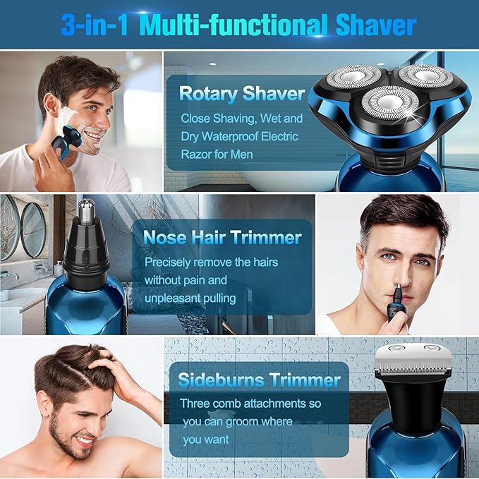 Electric Shavers for Men, Electric Razor for Men Cordless Rechargeable 3D Rotary Bald Head Shaver, Wet/Dry Mens Shaver, Waterproof Mens Razor for Shaving, Gifts for Husband, Dad, Boyfriend (Blue)