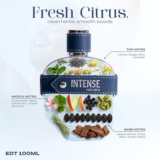 Sapil Intense Eau de Toilette for Men – Long Lasting Aromatic Spicy Perfume | Lemon, Cardamom & Vetiver Notes | Fresh Clean Masculine Fragrance | 3.4 oz / 100ml