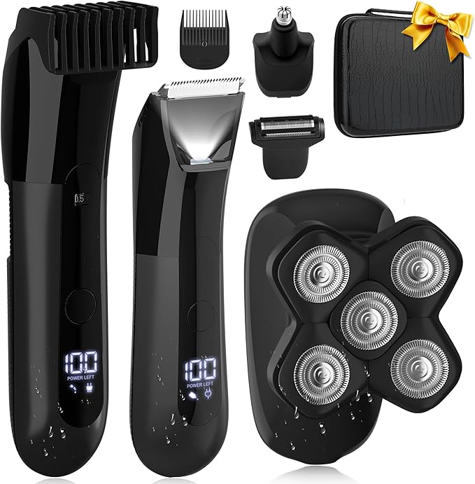 Karrte Manscape 5 in 1 Men's Grooming Kit, Beard Trimmer for Men, Groin & Body Hair Trimmer, Nose & Ear Hair Clippers, 5D Electric Razors, IPX7 Waterproof, LED Display with Travel Lock