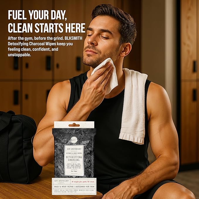 BLKSMITH Face & Body Wipes for Men - Travel Face & Body Wipes - Total 60 - Charcoal & Sandalwood Scent, Cool Gifts for Men 30x2 Wipe - Ideal for Gym, Office, or Outdoors, 2 Pack