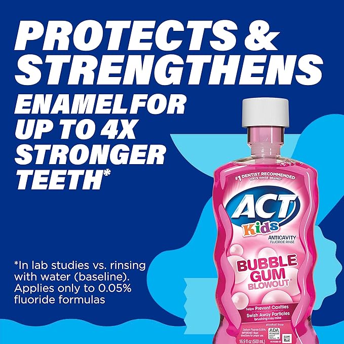 ACT Kids Anticavity Fluoride Mouthwash, Sugar & Alcohol Free Mouth Rinse Strengthens Teeth, Bubble Gum Blowout, 16.9 fl. oz. (Pack of 2)