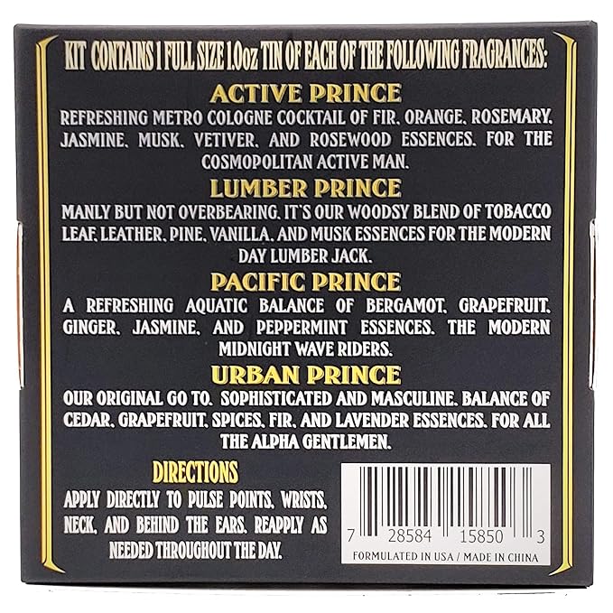 Premium Prince Solid Cologne 1 oz Variety Gift Set Alcohol Free Natural Concentrated Full Size Travel Friendly Tins Men's Fragrance 4 Manly Scents to Satisfy all Types of Viking Cannon Black Prime