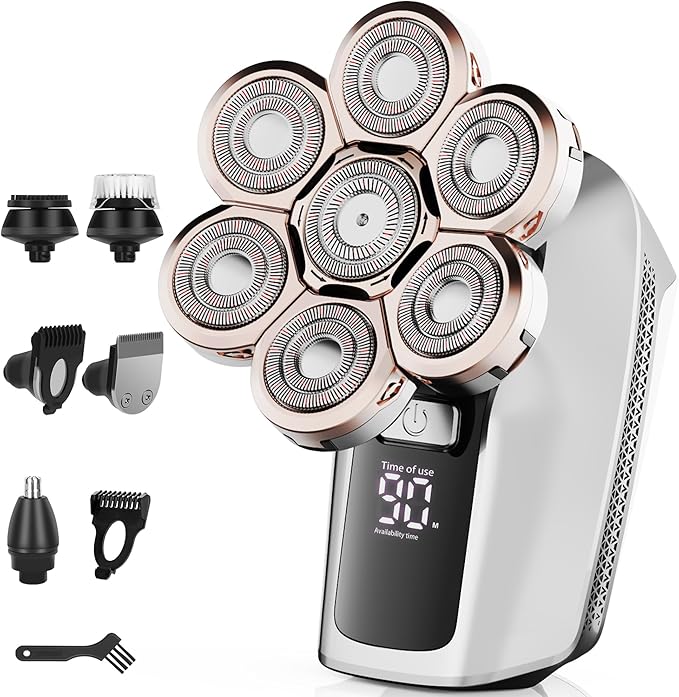 Head Shavers for Bald Men,7D Detachable Electric Bald Head Shaver,5-in-1 Dry Wet Bald Head Shavers for Men,IPX7 Waterproof Electric Razor for Men with Led Display,Fathers DayGifts, Silver