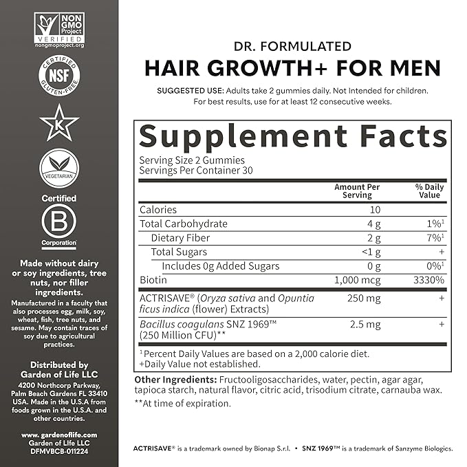 Garden of Life Dr. Formulated Hair Growth Gummies for Men, with Biotin and Clinically Studied Extracts to Support Men’s Hair Growth, Delicious Berry-Flavored Gummies, 60 Count