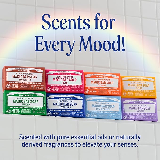 Dr. Bronner's Pure-Castile Magic Bar Soaps (Peppermint, 5oz, 2-Pack) – Made with Regenerative Organic Certified Oils, Soap Bars for Men & Women, Gentle for Face & Body, Vegan, Non-GMO