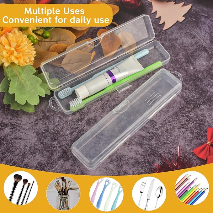 Portable Toothbrush Case 2 PCS Travel Toothbrush Holders with Lid and Air-holes Clear Plastic Storage Container for Tongue Scraper and Toothbrush, 19.8 x 4.5 x 2.7 cm / 7.8 x 1.8 x 1.1in
