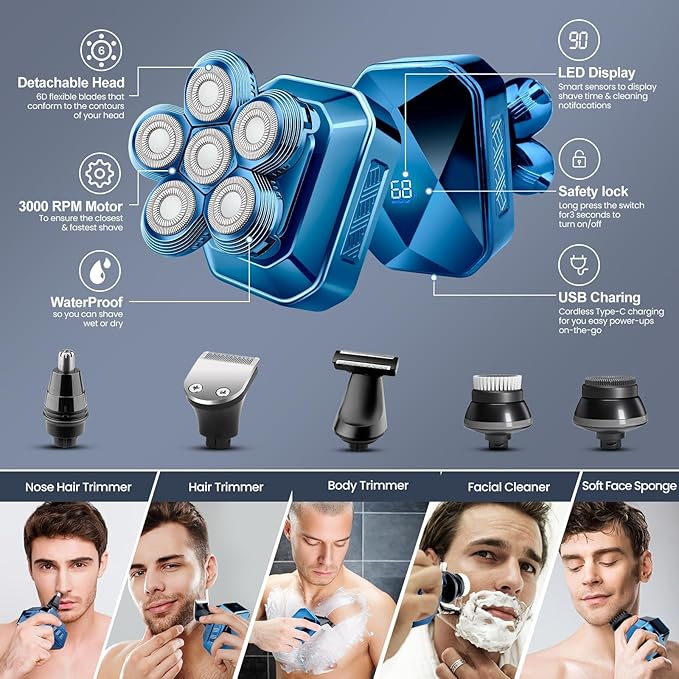 Head Shavers for Bald Men, IPX7 Waterproof Detachable Head Shaver, 6D Electric Razor for Men, 6 in 1 Wet/Dry Rechargeable LED Shaving Kit with Type-C Charge