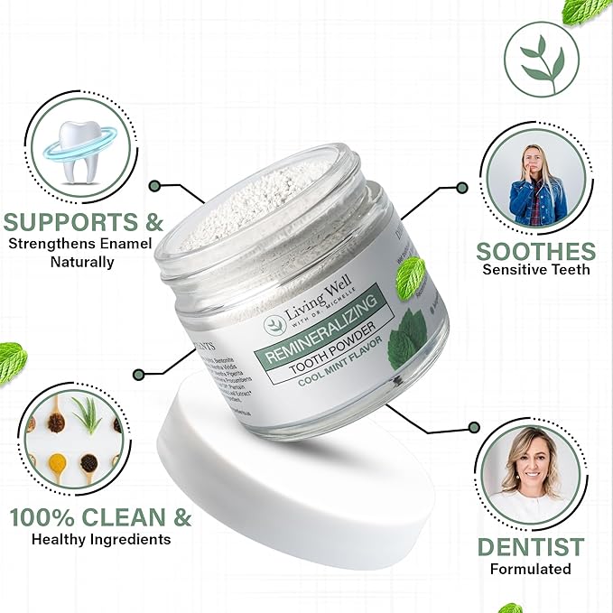 Living Well with Dr. Michelle Remineralizing Tooth Powder | Fluoride-Free Hydroxyapatite Formula | Supports Enamel Strength & Oral Wellness | Safe, Clean Ingredients | Cool Mint Flavor
