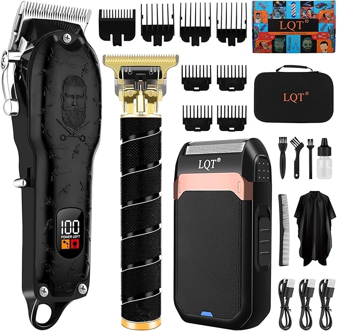 Vintage Black Professional Hair Clippers for Men, Cordless T-Blade Beard & Mustache Trimmer Kit, LED Display, Rechargeable Electric Hair Cutting Machine for Home & Barber, Best Gift for Holidays