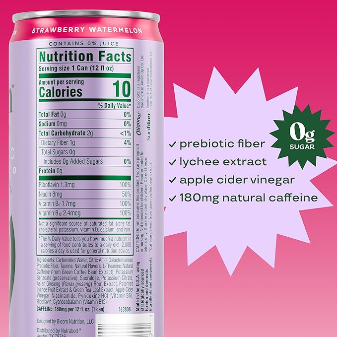 Bloom Nutrition Sparkling Energy Drink, Zero Sugar, 180mg Caffeine | Strawberry Watermelon | 12oz | 24 Pack | Antioxidant-Rich