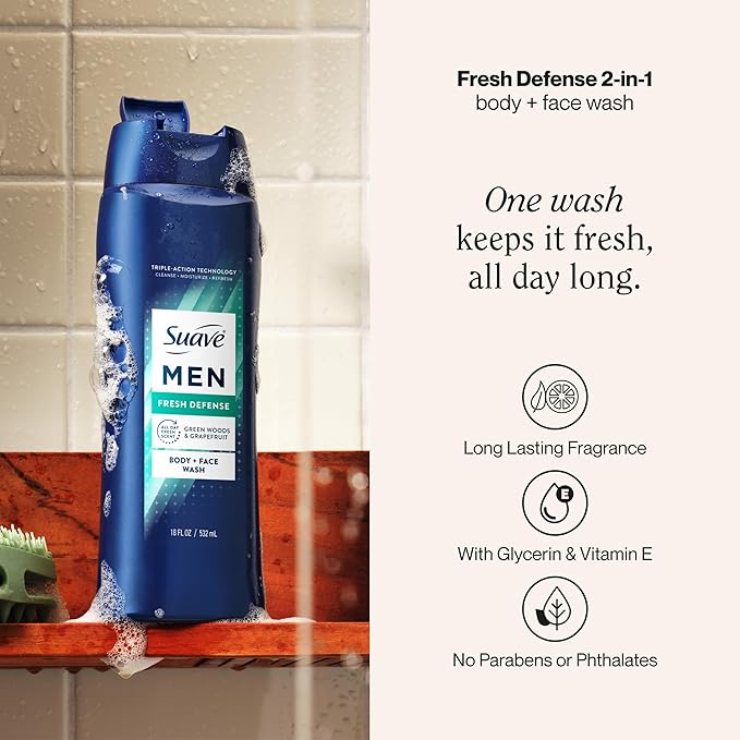 Suave Men Fresh Defense 2in1 Body & Face Wash with Glycerin & Vitamin E, Paraben & Phthalate Free, Cleanse, Moisturize & Refresh, Long-Lasting Fragrance, 18 FL OZ, 6 Count