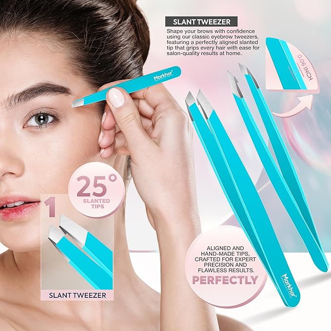 MARKHOR® Crystal Cyan Eyebrow Tweezers for Women Facial Hair, Splinter and Ingrown Hair Removal Tweezers Set, Professional Pointed and Slant Tweezers for Eyebrows, Precision Tweezers for Eyebrows