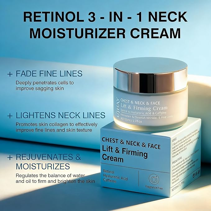 Retinol Neck Cream, Hyaluronic Acid and Caffeine Enriched Neck Firming Cream to Minimize Fine Lines & Dullness - 3-in-1 Moisturizing Cream for Neck, Chest and Face (50 ml/1.7 oz)