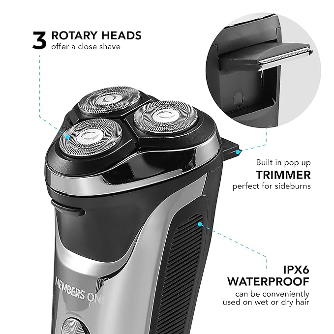 Members Only Electric Razor for Men, Lithium Metallic Cordless 3 Heads Rotary Shaver, Precision Trimming, Close Shave with Built-in Pop-up Trimmer, IPX6 Waterproof, USB Rechargeable Battery
