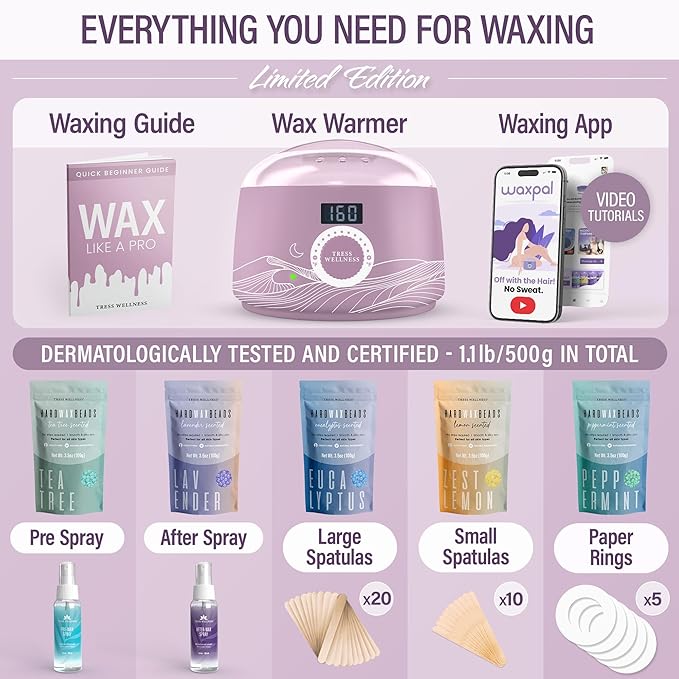 Tress Wellness Waxing Kit for Sensitive Skin – Safe for Face & Skin, Prep & Aftercare Spray, Easy to Use – At-Home Kit for Face, Bikini, Brazilian & Full Body - Digital Display, Misty Lilac