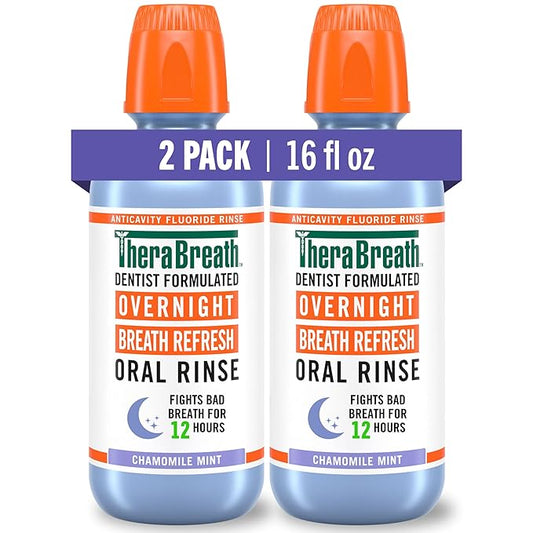 TheraBreath Overnight Mouthwash, Fights Bad Breath for 12 Hours, Chamomile Mint Flavor, Dentist Formulated, Fluoride Rinse, Alcohol Free, 16 fl oz (Pack of 2)