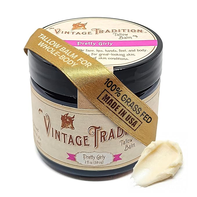 Vintage Tradition Beef Tallow All Purpose Balm – Healing, Hydrating Floral Skin Care Salve Replaces Body Lotion, Hand Cream, More – Essential Oil, Olive Oil, and Grass-Fed Tallow, 2 fl. oz.