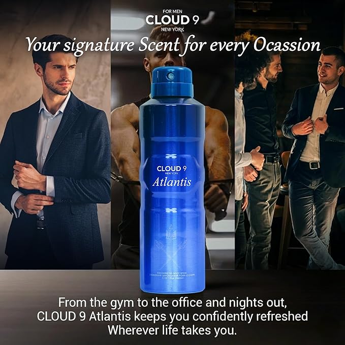 Cloud 9 Atlantis Deo Body Spray for Men 7.64 fl oz – Long Lasting Fresh & Bold Scent with Ginger, Bergamot & Juniper – Ideal For Work,Travel, Social Events,Gym & Outdoor Activities - All Day Freshness