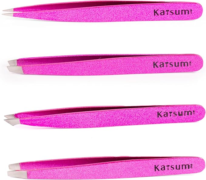 Katsumi Pinnacle 4-Piece Tweezers Set – Precision Stainless Steel Tweezers for Eyebrows, Facial Hair, Ingrown Hair, Splinters – Professional Beauty Kit Pink Gliiter