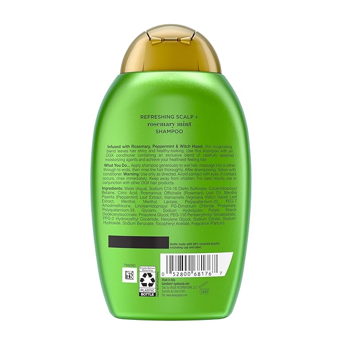 OGX Extra Strength Refreshing Scalp + Rosemary Mint Shampoo,Clarifying Shampoo for Oily Hair Visibly Helps Remove Oil & Residue to Clear Away Buildup,Sulfate-Free Surfactants,13 fl. oz,(Pack of 2)