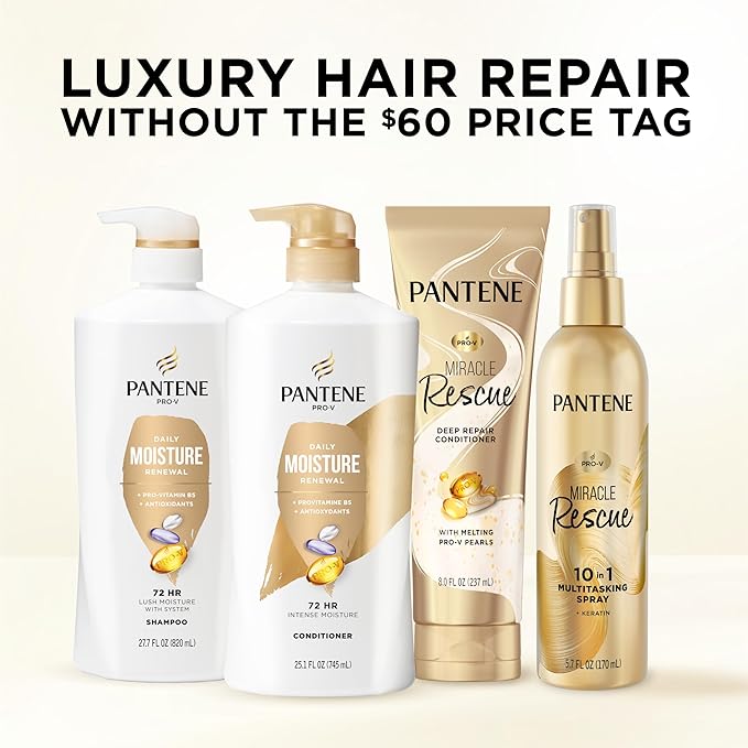 Pantene Shampoo, Daily Moisture Renewal - Pro-V Nutrients for Dry, Color-Treated, Straight to Curly Hair, 72-Hour Hydration & Softness, 27.7 Oz Each, 2-Pack + Miracle Rescue Shot (0.5 Oz)