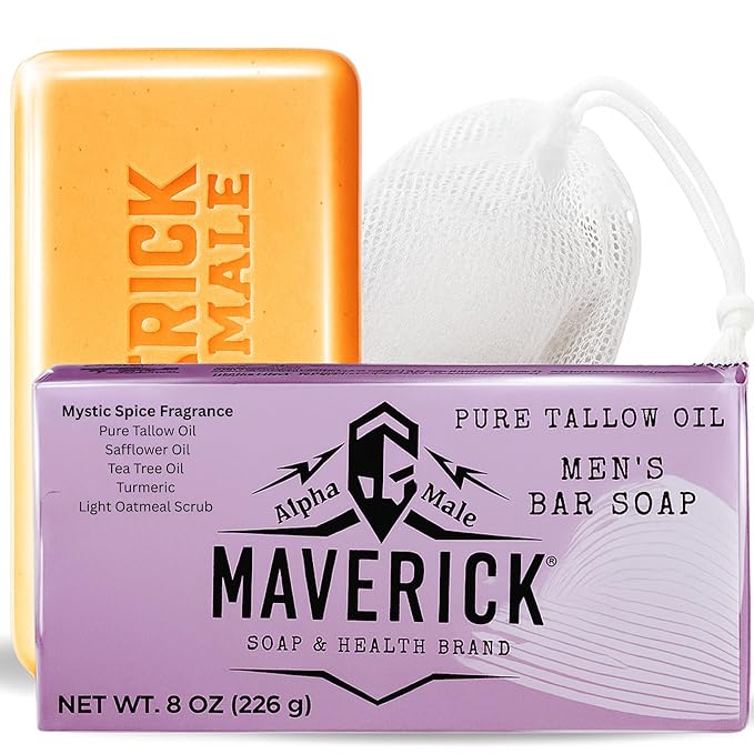 Maverick Alpha Male Soap & Health Brand Mystic Spice Fragrance Tallow Soap for Men – Deep Clean Bar with Coconut oil, Tea Tree oil, Safflower oil, Turmeric & light Oatmeal scrub