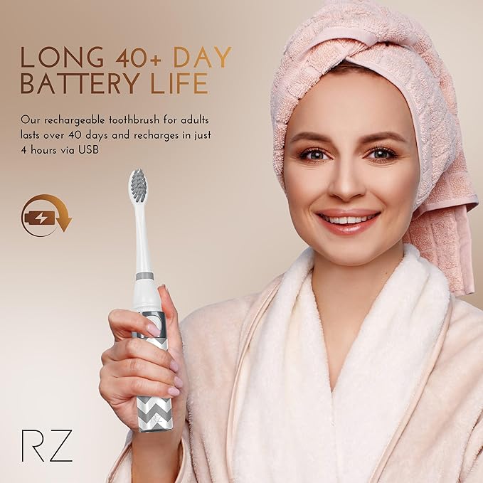 Rachel Zoe Portable Electric Toothbrush for Adults, Battery Operated Compact Sonic Tooth Brush for Trips, Waterproof Travel Toothbrush with Cover, 2 Removable Brush Heads Included, Gray and White
